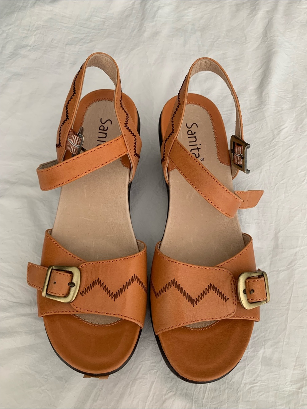 Sanita Cognac Leather Slingback Sandals with Zigzag Stitching 38 7.5 NWOT